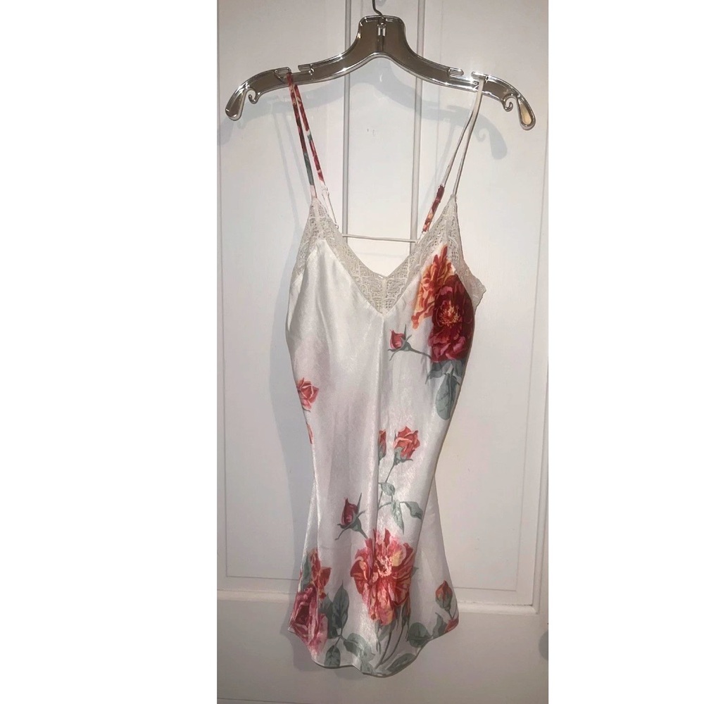 New In Bloom white Lace Trim Rose botanical floral satin nightgown slip dress S